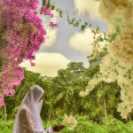 یک خانم چادری در حال عبادت در فضای معنوی مثلا بهشت آسمان یا میان گل ودخت صورت معلوم نباشه  ولی تصویر کار تونی یا آبرنگی نباشه