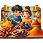 تصویر رئال زیبا برای بنر بالای صفحه یک فروشگاه اینترنتی با محصولات ارگانیک مانند خرما، عسل و زعفران. در تصویر ی کودک دختر و پسر هم باشه