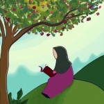 تصویر دختری با حجاب که در زیر درخت سیب  که بر روی تپه ای سبز نشسته و درحال خواندن کتاب است بساز