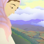 یه تصویر در مورد خدا شناسی و تفکر در خلقت که کاراکتر دختر نوجوون با چادر باشه، و جلوش یک کوه و دره باشه از زاویه دور و بالا باشه و سبک واقعی باشه