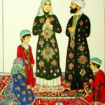 "A warm and inviting scene of a Shia Iranian family from Isfahan praying together in their cozy home. The father leads the prayer, wearing a stylish outfit. The mother, beautifully dressed in a floral chador and a complete hijab, stands beside him, emanating grace. Their six-year-old daughter, cute and dressed in a modern outfit, is next to her mother. The son stands proudly at the front, representing leadership. The room is filled