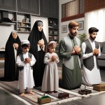 "Iranian Shia Muslim family performing Maghrib prayer together in their modern living room. 40-year-old father in contemporary Iranian clothing leads prayer, hands in qiyam position. 15-year-old son in youth fashion stands beside him following prayer. 35-year-old mother in elegant prayer chador (chador namaz) and 6-year-old adorable daughter in small prayer outfit stand behind them in prayer line. All on mohr (turbah) and prayer mats, facing qibla