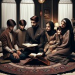 "Iranian Shia Muslim family sitting in a warm, intimate circle in their modern living room, reading Quran together. 40-year-old father in contemporary Iranian clothing holds a Quran, 15-year-old son in youth fashion follows along, 35-year-old mother in elegant manteau and perfect headscarf points to a verse, 6-year-old adorable daughter with big eyes listens attentively. All sitting on Persian carpets in a circle, Quran on wooden stand in center. Warm evening light, fami