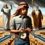"A powerful symbolic image of an Iranian teenage boy standing at a crossroads. One path shows traditional authority figures trying to control him, the other path shows supportive parents giving him guided independence. The teen looks confident and thoughtful, holding a compass that points toward 'mature independence'. He wears contemporary Iranian youth fashion. The scene is set in a symbolic landscape representing adolescence. Style: symbolic digital art, meaningful met