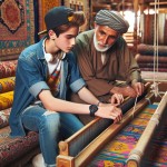 "Iranian teenage boy in modern streetwear learning traditional Persian carpet weaving from a master crafts