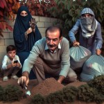یک خانواده  ایرانی(آقای رضایی، همسرش، دو کودکش)آقای رضایی در حال ریختن خاک روی ذغال‌های نیمه‌سوخته و پنهان کردن کیسه‌های زباله پشت بوته‌ها، با چهره‌ای عجول و بی‌تفاوت.