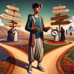 A powerful symbolic image of an Iranian teenage boy standing at a crossroads. One path shows traditional authority figures trying to control him, the other path shows supportive parents giving him guided independence. The teen looks confident and thoughtful, holding a compass that points toward 'mature independence'. He wears contemporary Iranian youth fashion. The scene is set in a symbolic landscape representing adolescence. Style: symbolic digital art, meaningful metaphors, emotional depth, I