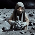 تصویر یک دختر محجبه که با لباس فضایی روی کره ماه یک سنگ  در دست دارد