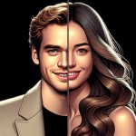 A digital illustration of a young couple peeking out from behind a vertical split, with the man on the left wearing a light-colored coat and the woman on the right featuring long, wavy hair. They both smile at each other, with the woman's eyes bright and playful. The background is predominantly black, enhancing the focus on their expressions and the subtle details, like the faint outline of a leaf beside the woman