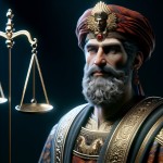 عکس قارون پادشاه بابل با جزییات واقعی و پشت سرش ترازوی عدالت به رنگ مشکی