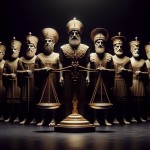 تصویر پادشاهان هخامنشی در کنار هم با نماد ترازو عدالت به رنگ مشکی در پشت سر