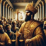 تصویر قارون پادشاه بابل در زمان هخامنشی رو در کاخی پر از طلا با مردمانی ثروتمند بساز با نماد ترازو عدالت در پشت سرش