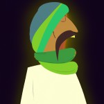 یک مرد با لباس قهوه ای و عبای سفید با عمامه سبز که ادامه ان روی شانه ان افتاده دور ان یه خط نورانی و در اطراف چند گروه سیاه با دهان باز، شب باشد