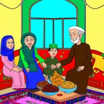 تصویر کارتونی کودکانه از یک مادربزرگ و پدربزرگ ایرانی با پوشش اسلامی که منظورم این است که مادربزرگ یک روسری داشته باشد و پدربزرگ پوشش ایرانی که در کنار دو نوه دختر و پسر در یک اتاق کرم و زیبا به سبک ایرانی نشسته اند هستند و در کنار آنها انواع خوراکی مثل مغزیجات و میوه هست.