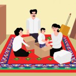 یه عکس واقعی با جزئیات زیاد از خانواده ایرانی بساز که که توی خونه ایرانی با فرش ایرانی دارن وسایلشون رو داخل کارتن اسباب کشی ایزی پک بسته بندی میکنند. یه پدر، یه مادر، یه دختر 4 ساله و یه پسر 10 ساله