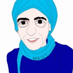 کاریکاتور بانو مریم میرزاخانی رو با روسری آبی روشن طراحی کن بدون هیچ تغییری در صورت ایشون