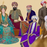 “medieval Persian social classes, nobles, landlords, scholars, high officials, influential families, men in robes and turbans, women in traditional clothes, palace background, detailed faces and clothing, realistic colors, no modern or fantasy elements”