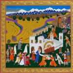 “Persian miniature painting of a historical tax collection scene, farmers handing over grain and goods to armored officials, traditional 13th century Persian clothing, rural village with mud-brick houses, wheat fields, mountains in background, intricate patterns, bright vivid colors, flat perspective, detailed miniature-style architecture and clothing, decorative borders, illuminated manuscript style --ar 1:1 --v 5 --q 2 --stylize 1000 --no modern elements, no fantasy”