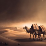 “historical caravan in ancient Iran, camels carrying goods, desert landscape, realistic, cinematic lighting, detailed, no modern objects”