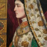 Portrait of a noble Mongol woman during the Ilkhanate era (7th–8th century AH), inspired by historical figures like court ladies of the Mongol Empire, elaborate silk robe with embroidered patterns, tall boqta headdress decorated with pearls, calm and powerful expression, palace interior with Persian-Islamic architecture, soft diffused lighting, hyper-detailed, museum-quality realism