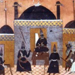 Ilkhanate era Yarguchi court scene (7th–8th century AH), Mongol judicial assembly inside a palace hall with Persian-Islamic architecture, brick arches and geometric tile patterns. The Yarguchi wears an embroidered silk deel and Mongol headdress, seated formally while scribes record proceedings. Guards with lamellar armor stand nearby. Oil lamps illuminate the hall. Realistic historical painting, dramatic lighting, high detail, museum-quality