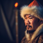 Close-up cinematic portrait of a Mongol Yarguchi judge during a Yargu trial, 13th century, stern expression, weathered face, fur-lined deel, traditional Mongol hat, fire-lit interior of a yurt in the background, shallow depth of field, dramatic shadows, ultra-realistic historical photography style, intense atmosphere, detailed textures