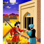“one soldier collecting taxes from a single farmer, farmer in simple Persian clothing, soldier in armor and fur hat, standing next to the farmer, rural village background, wheat fields, mountains, flat perspective, bright vivid colors, Persian miniature style, detailed clothing and architecture, decorative borders, no modern elements, no fantasy”