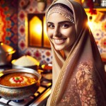 تصویر خانم محجبه لبخند زن بدون اینکه موهاش معلوم باشه در حال پخت قیمه در آشپزخانه ایبا رنگ های گرم و روشن
