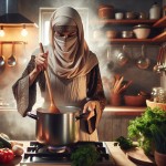 تصویر یک خانم محجبه در حال آشپزی