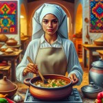 تصویر خانم آشپز با روپوش آشپزی سفید محجبه بدون اینکه موهاش معلوم باشه در حال پخت قیمه در آشپزخانه ای با رنگ های گرم و روشن تصویر واقعی وحقیقی باشه