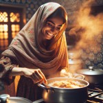 تصویر خانم محجبه و زیبا و لبخند بر لب در حال پخت پلو قیمه
