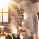 تصویر خانم آشپز با روپوش آشپزی سفید محجبه بدون اینکه موهاش معلوم باشه در حال پخت قیمه در آشپزخانه ای با رنگ های گرم و روشن