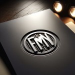 یک لگو با برای شرکت خودرو با رنگ مشکی سفید و طوسی که نوشته باشه fmn