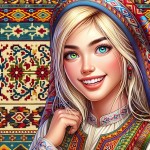یک تصویر واقعی از یک دختر روستایی ترکمن با لباس سنتی و چشم های رنگی و ابرو و موهای بور بساز که در حال خندیدن هست و بگ گراند تصویرش هم قالی بافی هست