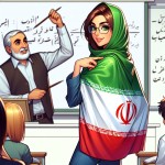 مانتوی دختر پرچم ایران باشه، معلمی که عینکی هست و روبه روی کلاس داره تدریس می‌کنه.