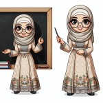 می‌خوام دختر محجبه با عینک، معلم هست پشت تخته و داره تدریس می‌کنه.لباس سبک ایرانی داره