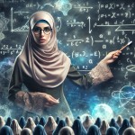 می‌خوام دختر محجبه با عینک، معلم هست پشت تخته و داره تدریس می‌کنه.