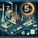 A professional infographic-style image for a corporate finance presentation about "Scenario 1: 51% Share Purchase". The image shows a large 51% percentage sign made of gold and blue particles. On the left, a modern power plant (23 MW) and steam boiler (110 tons/hour) with pipes connecting to a factory. A stack of cash and a bundle of stock certificates (with Golrang logo) are shown on the right. A timeline arrow shows "Year 1: Cash Payment" and "Years 2-6: Installments" with a bank interest symb