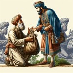 تصویر شاهزاده مرد ریش دار فروتن در میان مردم است که خدمتکار مرد به می گوید گونی ها را جابه جا کن