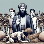 شاهزاده ریش دار فروتنی که سه انگشتش بالاست ویک کارگر به پایش افتاده چند سرباز و چند گونی کاه کنارشونه