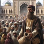 شاهزاده ریش دار مرد گونی در دست در میان مردم جلوی قصرش و مردم تعجب کرده اند