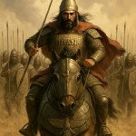 سردار هخامنشی که نام ایران روی زره آن است .  در حالی که روی اسب زره پوش خود سوار است و در حالت تاختن است . زاویه دوربین از جلو سردار است 
روی زره اسب نشان فروهر وجود دارد 
پشت سردار پر است از سرباز های هخامنشی