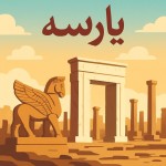 یک بنر فانتزی که وکتور  تخت جمشید در مرکز بنر باشد و بالای آن نوشته شده باشد پارسه