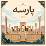 یک بنر فانتزی که وکتور تخت جمشید در مرکز بنر باشد و بالای آن نوشته شده باشد پارسه