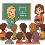 یک تصویر کارتونی میخام که یه ث دانش آموز با حجاب زیبا رو بکش که رو به روی تخته کلاس ایستاده و داره چیزی برای ده دانش آموز دیگر  و معلم ارائه میده پس زمینه تصویر سفید باشه