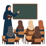 یه وکتور کارتونی برام بساز از معلم باحجاب در حال درس دادن به پنج دانش آموزان باحجاب نمیخوام صورت داشته باشن و پس زمیه سفید باشه