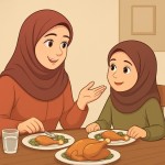 یک تصویر کارتونی برام بساز. یک مادر و دختر زیبا و باحجاب(صورت هاشون معلوم باشه) در حالی که نشستن سر میز شام و مادره داره با دخترش صحبت میکنه(شامشون هم مرغ باشه میز شام ساده باشه)