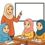 یک کلاس درس بکش، یک معلم زیبا و با حجاب در حال درس دادن به دانش آموزان زیبا و با حجاب و اینکه پس زمینه سفید باشه و میخوام تصویر کارتونی باشه