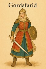 Create a high-quality vertical A4 educational illustration of Gordafarid, the brave heroine of the Shahnameh, for a second grade classroom. Show her as a noble and courageous Persian epic woman wearing elegant traditional heroic clothing and light armor inspired by Persian miniature painting. She should appear confident, dignified, and heroic, with a calm brave expression, standing in a strong pose. Her design should be respectful, modest, and suitable for children, clearly showing that she is a