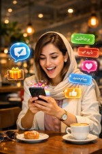 : یک خانم یا آقای جوان ایرانی و شیک در یک کافه مدرن در تهران، در حالی که گوشی‌ش رو دستش گرفته و از دیدن یک پیام رنگی و جذاب روی صفحه ذوق کرده. در فضا، آیکون‌های رنگی بله و دکمه‌های شیشه‌ای به صورت درخشان شناور هستن.
